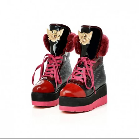 Genuine Leather Fshion Boots Top Quality Women winter Ankle Boots Wedges Heel Shoes Luxury Rhinestone Lace-up Mixed Colors Boot
