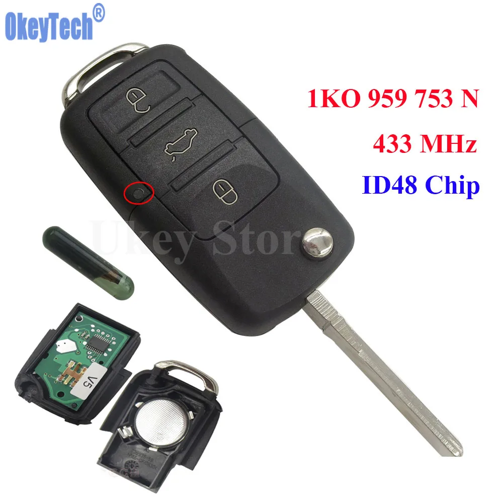 OkeyTech 3 Buttons 433MHz Car Remote Control Completed Flip Key Fob Blank Blade With ID48 Chip For VW SKODA SEAT 1KO 959 753 N
