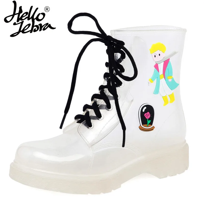 

Hellozebra PVC Lace-up Ankle Rain Boots Women Cartoon Candy Colors Low Hoof Heels Rainboots Water Shoes Woman Transparent Jelly