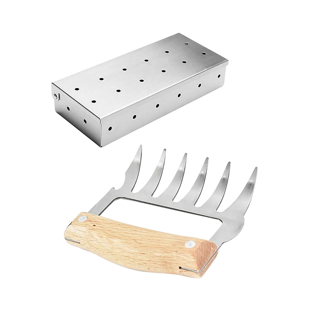Meat Smoking Barbecue Smoker Box For BBQ Wood Chips & 1Pcs Meat Claw