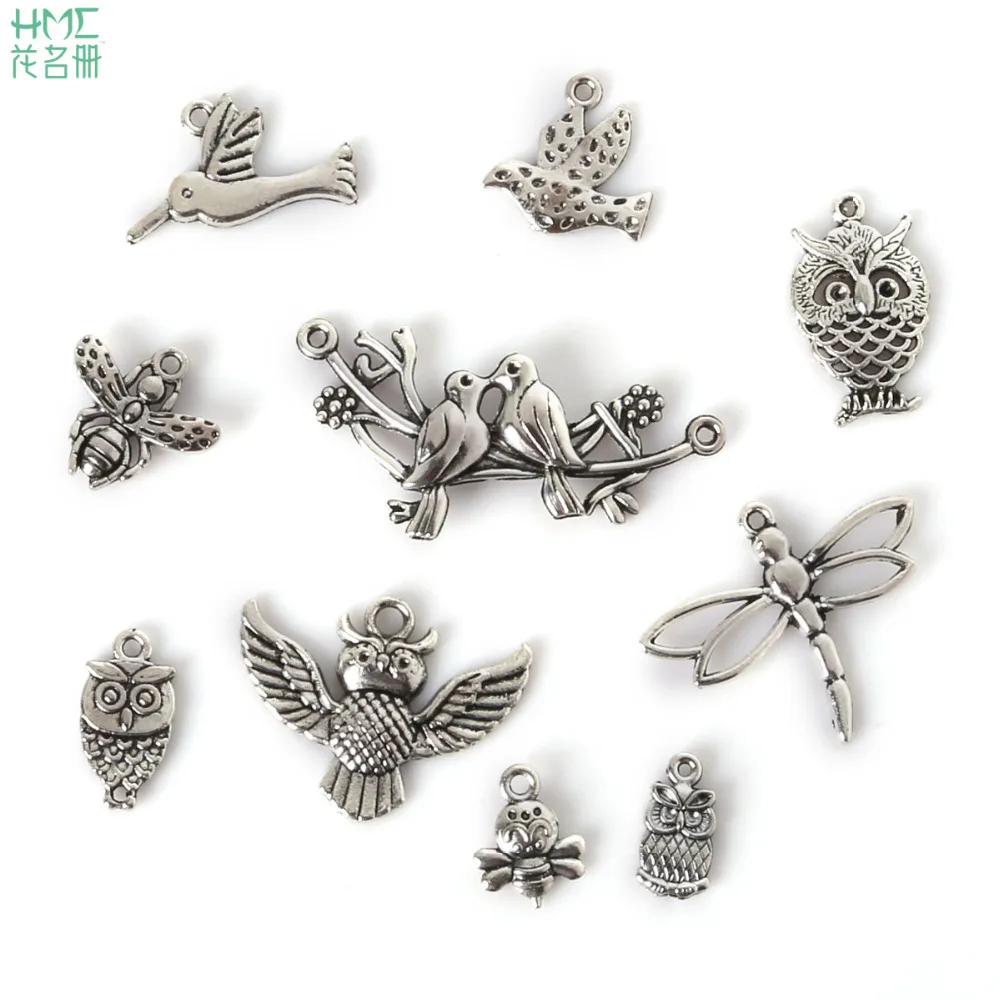 

Fashion Style 10 Types Mixed Size 4~13pcs Zinc Alloy Owl & Bird & Dragonfly & Bee Pendant Antique Silver Plated Charms