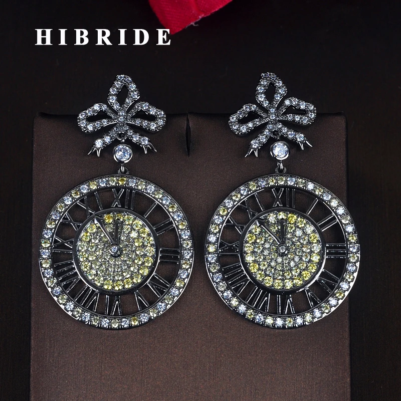 

HIBRIDE Fashion Big Clock Pendant Drop Earrings For Women Black Gun Plated Long Earrings mujer moda For Christmas Gifts E-721