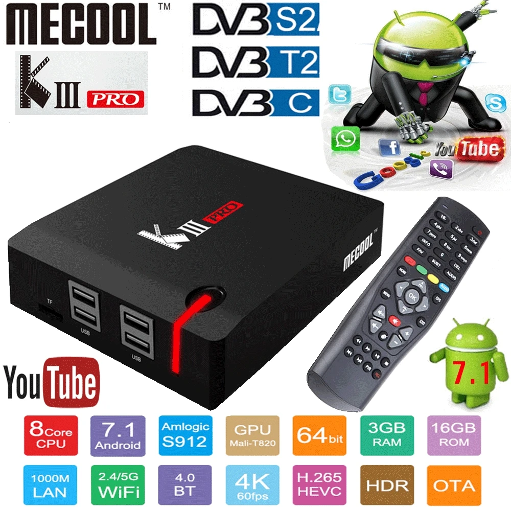 Smart TV Box Android7.1 MECOOL KIII Pro DVB S2 T2 C Декодер 3 Гб 16 BT4.0 Amlogic S912 Восьмиядерный 64 бит 4K HD