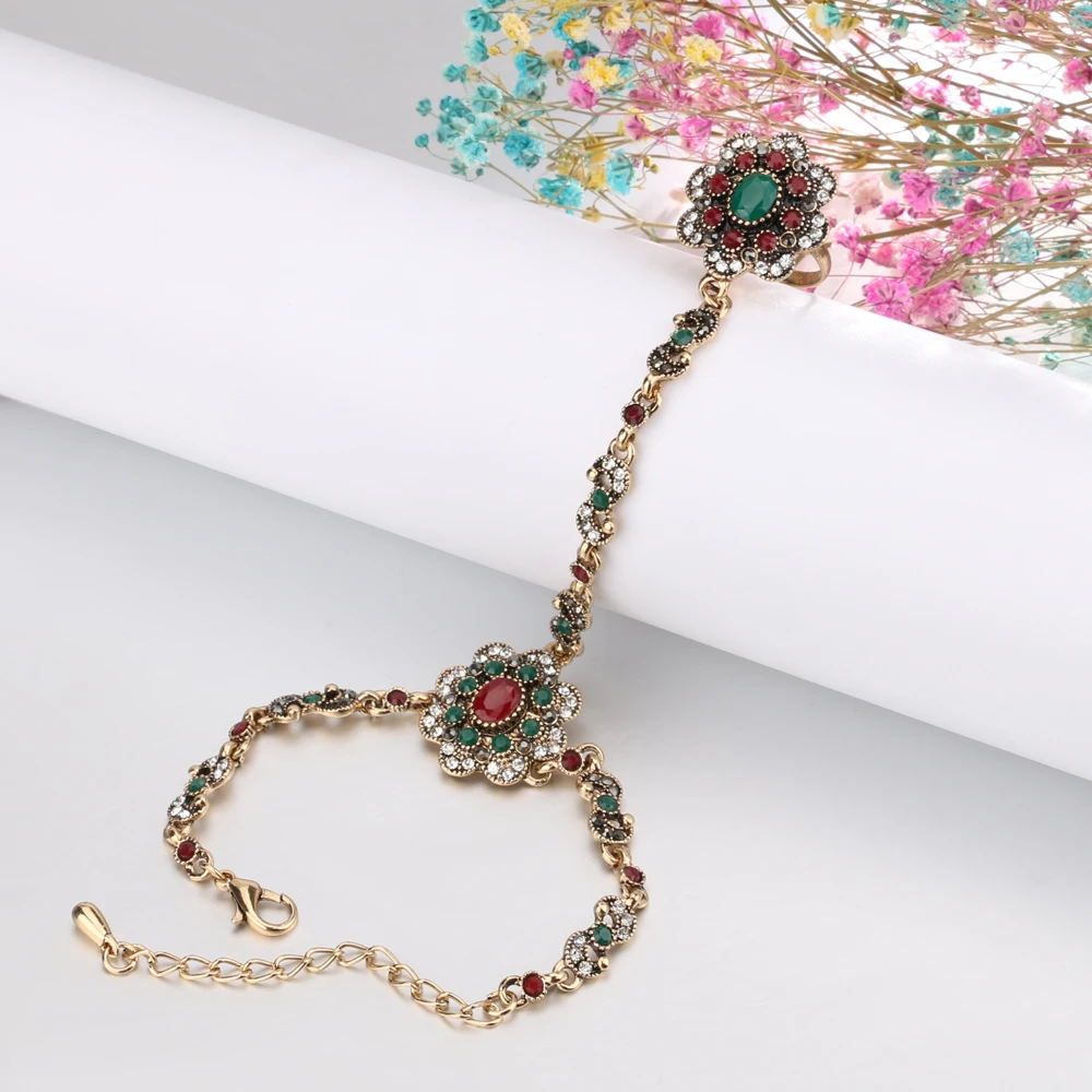 Kinel Дубай ювелирные наборы браслет звено кольца для женщин Античный Золотой, цветной полимерный браслет с цветами из кристаллов и Открытое кольцо