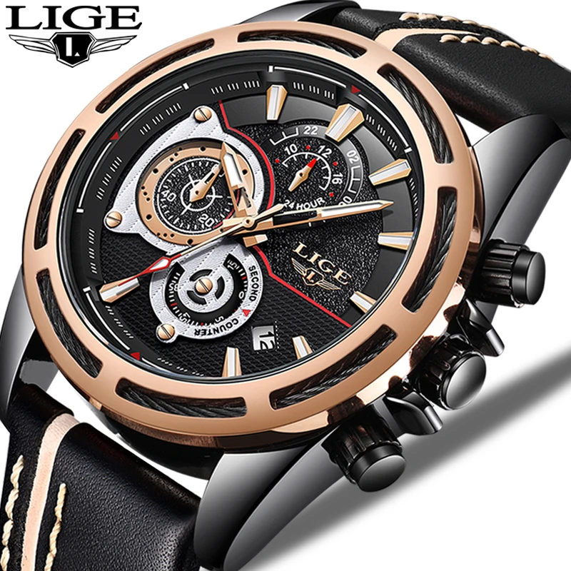 

2018 LIGE Military Sport Watch Men Top Brand Luxury Leather Army Quartz Watches Clock Men Creative Chronograph Relogio Masculino