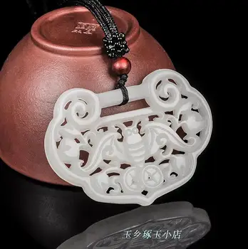 

Koraba Fine Jewelry China's Natural White Hetian Jade Hand-carved Ruyi Bat and Coin Pendant Free Shipping