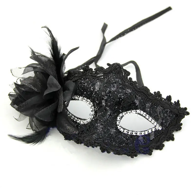 Venetian Party Masquerade Face Mask Black /& Silver With Feathers NEW