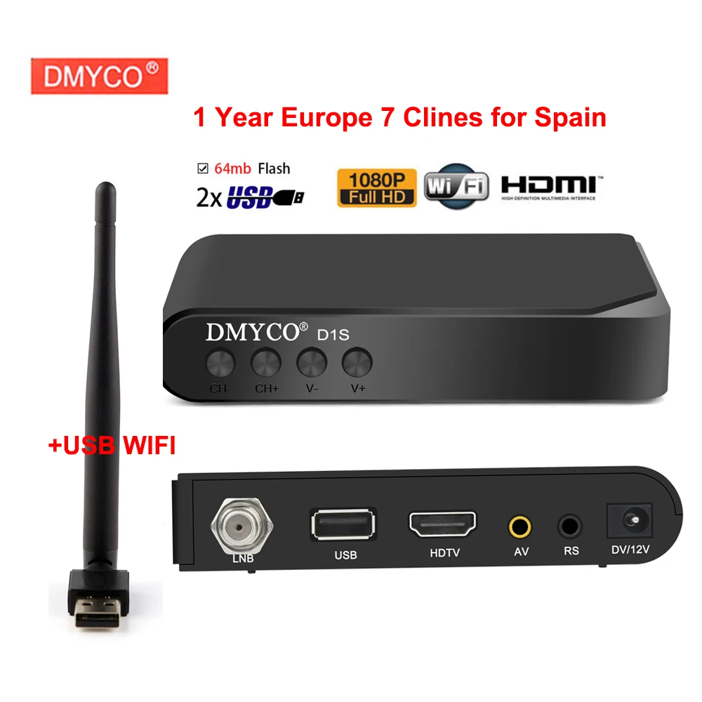 

1 Year Europe 7 Cables sever DMYCO D1S Digital Satellite TV receiver Full 1080P DVB-S2 V7S HD Recepctor+USB WIFI Decoder TV Box