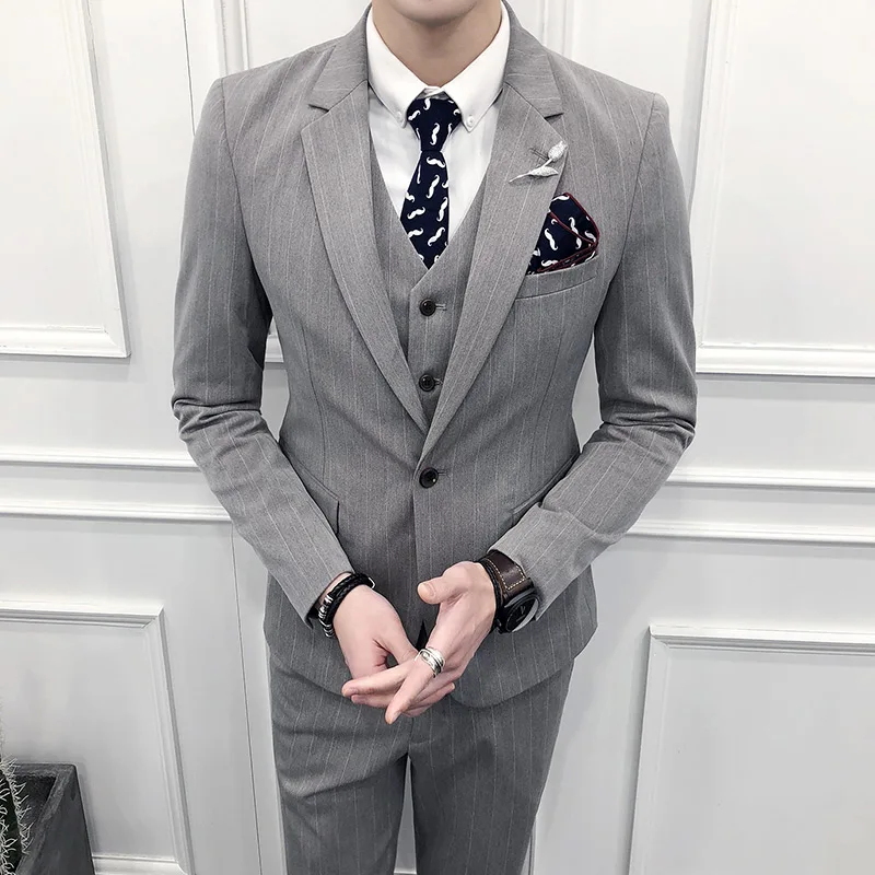 ( Jackets + Vest + Pants ) 2018 New High-end Brand Striped Formal Business Suit 3 Sets / Men's Wedding Dress Groom Striped Suits