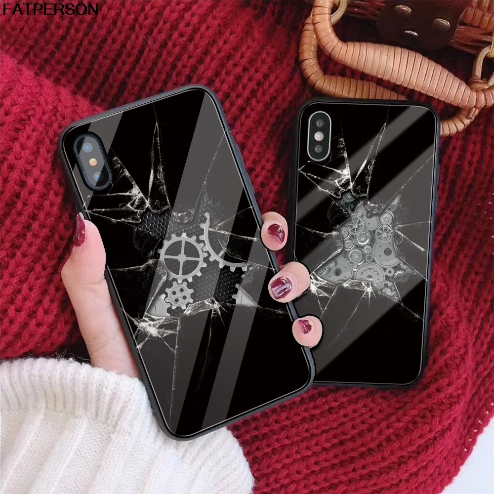 

Kuso DIY Tempered Phone Case for iPhone 8 6s 7 X 6 7 Plus capa Customized gear Broken Glass Phone Cover for iPhone X XR XS MAX
