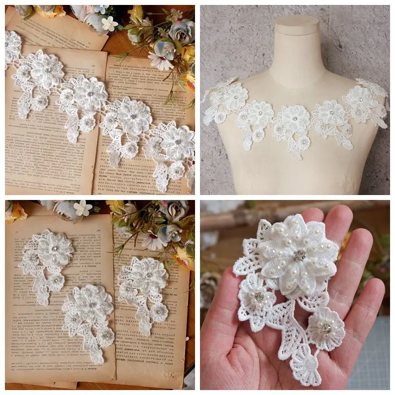 5 pieces/ Embroidery lace flower Appliqued Crystal Jacquard DIY Ribbon Wedding dress Sewing Rhinestones Trims pearl 3D Patches | Дом и сад