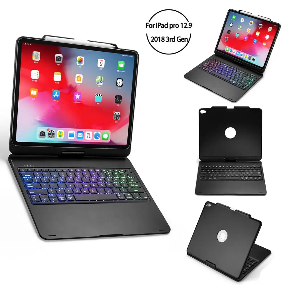 

360 Degree Rotation for iPad Pro 2018 12.9 Inch Bluetooth Keyboard Case Folio Stand 7 color Backlit Wireless Smart Sleep Tablet