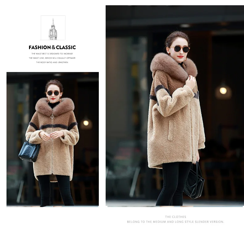 AYUNSUE Real Sheep Shearling Fur Coat Female Fox Fur Collar Real Woo Coats Winter Jacket Women Suede Lining Korean Outwear MY