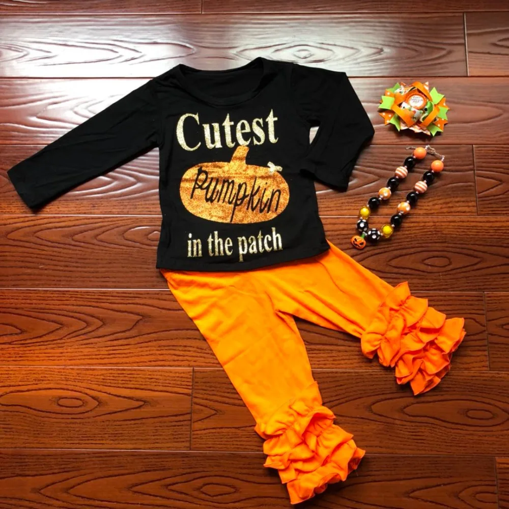

2018 new baby girls outfits halloween baby kids boutique baby girl kid halloween outfits pumpkin sets with matching necklace bow