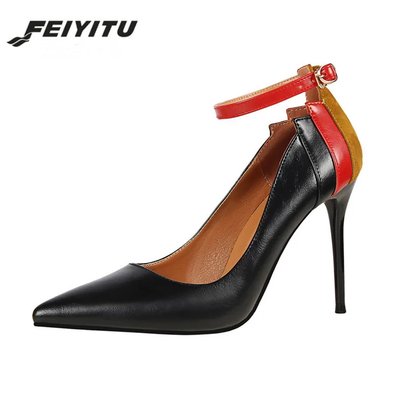 

Feiyitu 2018 New Multicolor Women Pumps Sexy Ankle Strap Pointed Toe Thin Heel Color Block High Heels Brand Valentin Shoes Woman