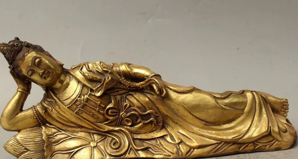 

15" China Bronze Sleep Kwan-yin Guan Yin Goddess Boddhisattva Lotus Flower