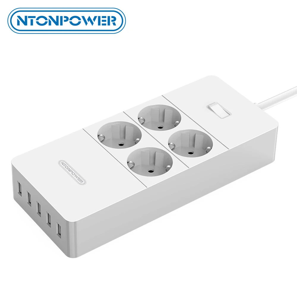 

NTONPOWER USB German Electrical Socket EU Plug Overload Switch Surge Protection 4 AC Outlets 5 USB Port 2.4A Smart Charging