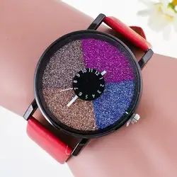 Модные блестящие красочные циферблат искусственная кожа студент для женщин Кварцевые аналоговые наручные часы браслет