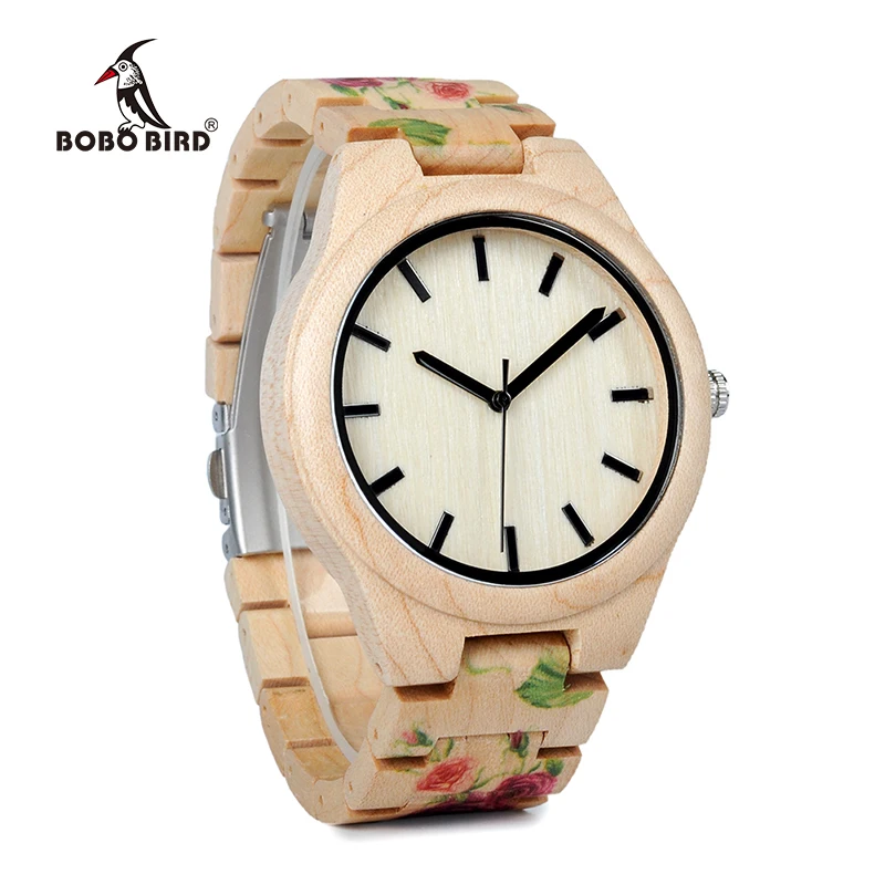 BOBO BIRD WL26, часы из мощного соснового дерева, брендовые дизайнерские часы для мужчин и женщин, Новые УФ-часы с цветочным принтом, деревянный ремешок, кварцевые часы