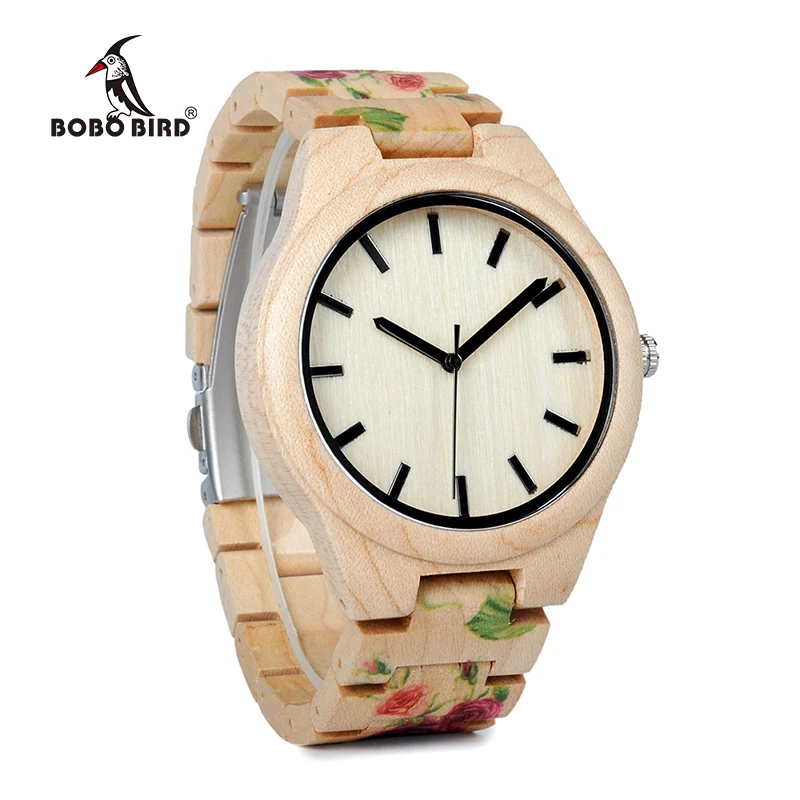 BOBO BIRD WL26 Strong Pine Wood Watches Brand Designer Watch for Men Women New UV Printing Flower Wooden Band Quartz Watch