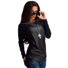 Phụ nữ T Áo Sơ Mi 2019 New arrival cộng với kích thước PU Da Chắp Vá áo thun Thời Trang của phụ nữ giá rẻ vải dropshipping Vestidos GZ1186(China)