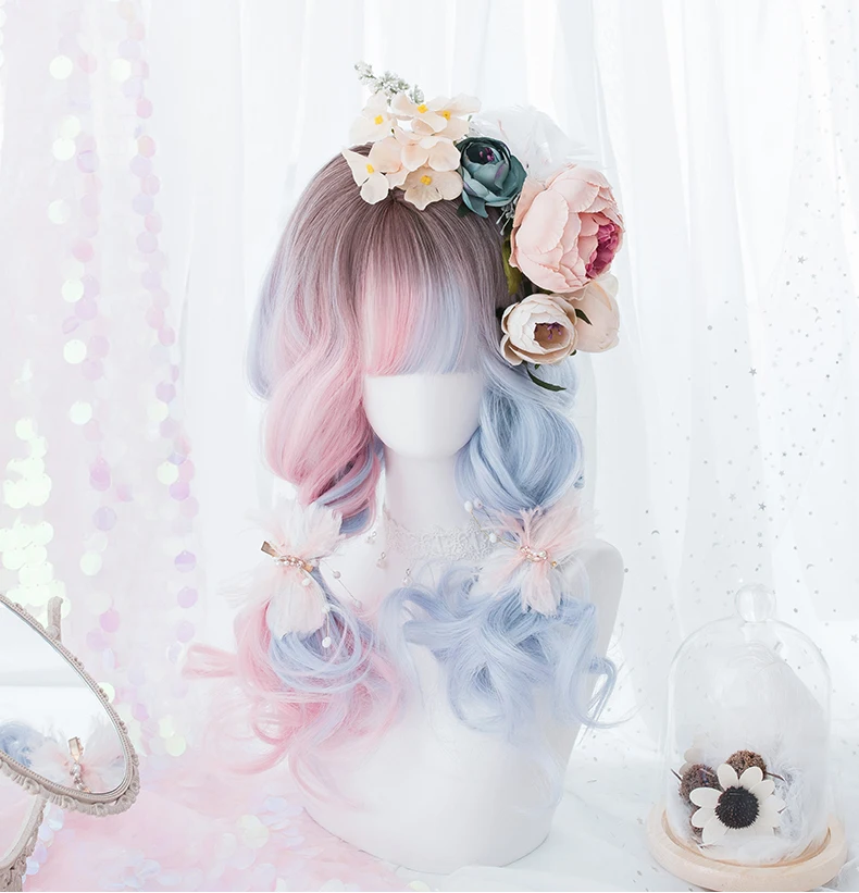 Градиентный пандус розовый синий кудрявый Лолита, костюмированная игра украшение для волос для девочки атровирены коричневый кудрявый