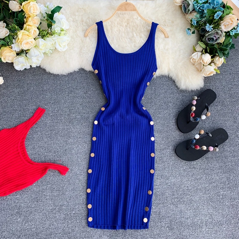 

2019 new fashion women's clothing adult Tight-fitting knit dress round neck sleeveless versatile button