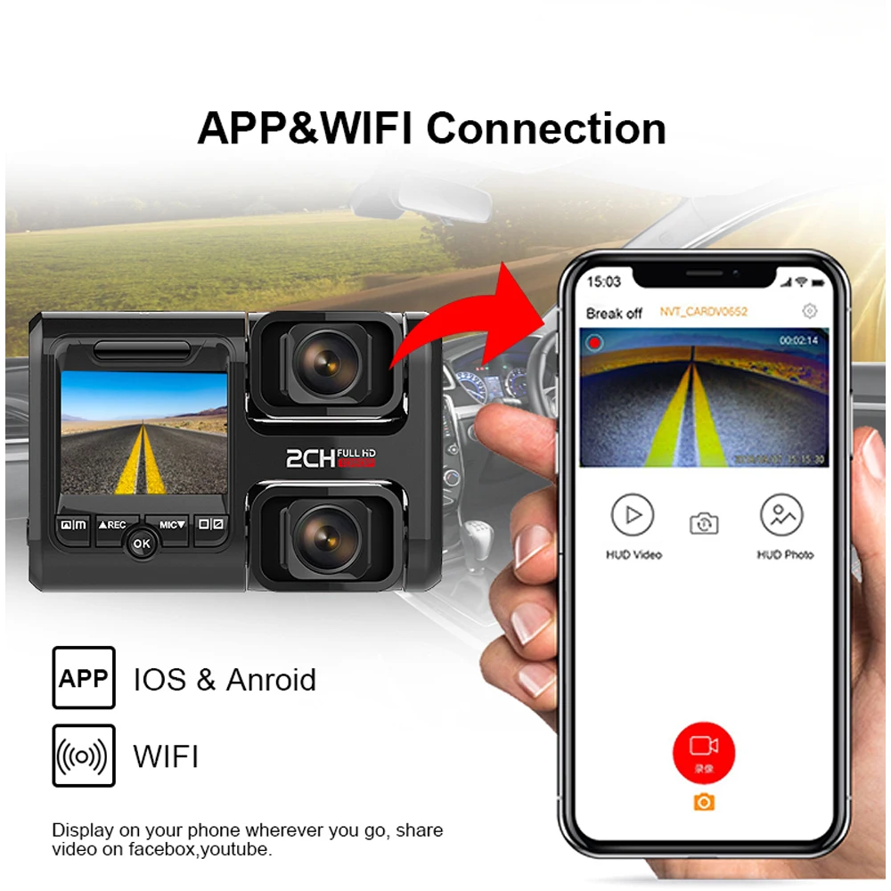 Автомобильный видеорегистратор с Wi Fi встроенный GPS две камеры full hd 1080P для