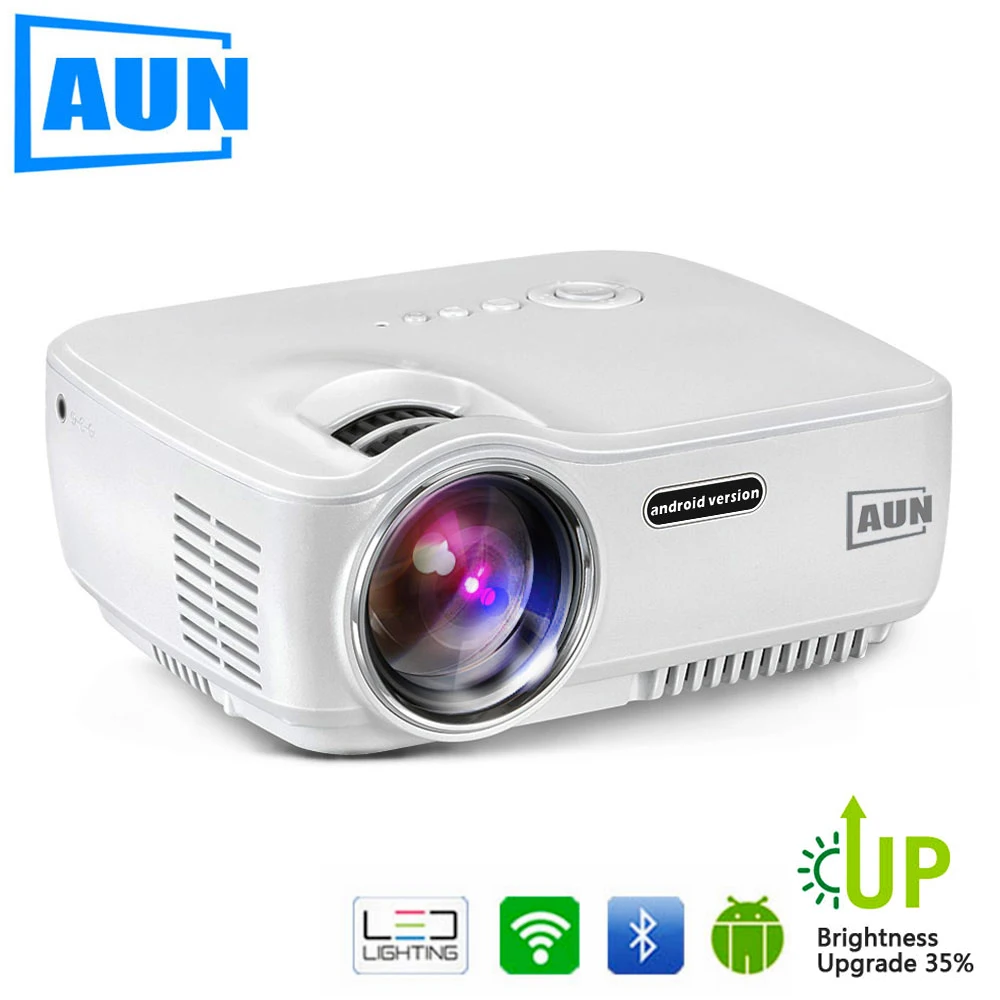 Koop AUN Projector Verbeterde AM01S 1800 Lumen LED Projector Set in Android 4.4 WIFI Bluetooth Ondersteuning Miracast Airplay AC3 1080 p