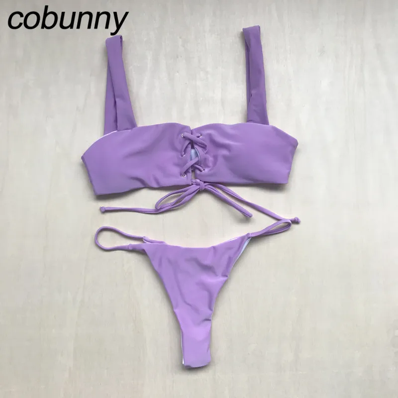 Cobunny Sexy Ribbed Bikini Set Women Swimsuit Bandeau Bikinis Wide Straps Bandage Swimwear
