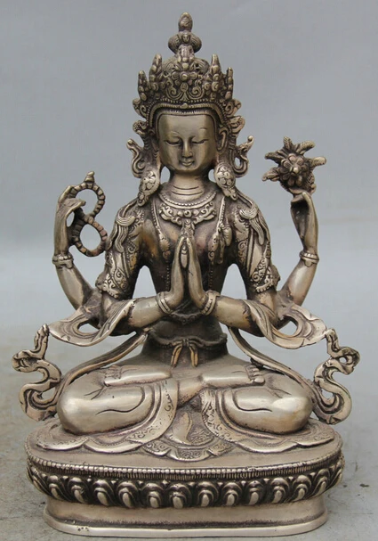 

JP S0524 8" Tibet Tibetan Buddhism Silver 4 arms Chenrezig Buddha Avalokiteshvara Statue