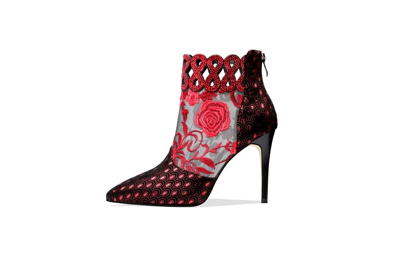 Брендовые туфли-лодочки из овечьей кожи и сетчатого материала Модные ботильоны для женщин, пикантные ковбойские ботинки с острым носком женские летние ботинки на высоком каблуке - Цвет: red