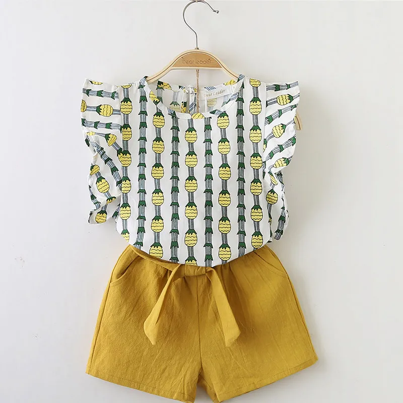 

Summer Dress New Girl Summer Pineapple Stripe Printed Flying Sleeve Vest + Short Pants Suit