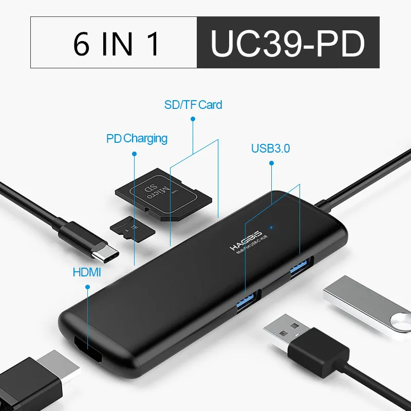 Хагбис тип-c концентратор Многофункциональный USB 3,0 концентратор USB C к HDMI/VGA/AUX/RJ45/SD/TF кард-ридер/PD зарядный адаптер для MacBook PC - Цвет: UC39-PD