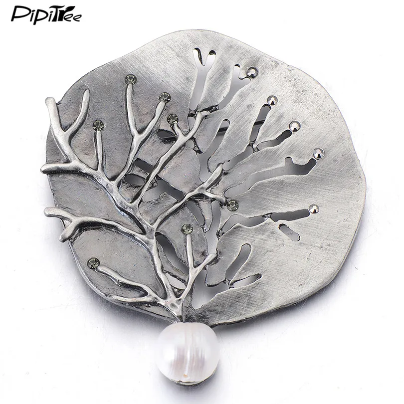 

Pipitree Hollow Tree Brooch Vintage Pins Jewelry with Rhinestone and Natural Pearl Large Antique Brooches for Women Best Gift