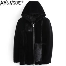 AYUNSUE, новинка, натуральное меховое пальто, мужское, зимнее, Овечья овчина, шерсть, пуховик, с капюшоном, Мужская норковая шуба, Muts Doudoune Homme LBL-98007, KJ1378
