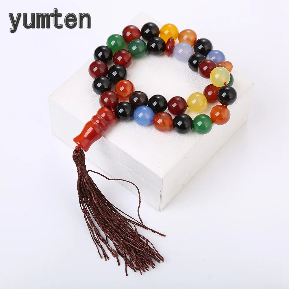 

Yumten Colorful Agate Muslim Rosary Gemstone Prayer Islam Tibetaanse Natural Stone Beads Chain Prayer Jewelry Tassel Accessories