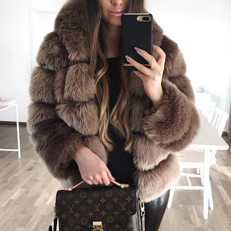 

Classsic Fashion Faux Fox Fur Coats Hood Luxury Design Fake Fox Fur Jackets Women High Quality Elegant Winter Outwear Plus Size