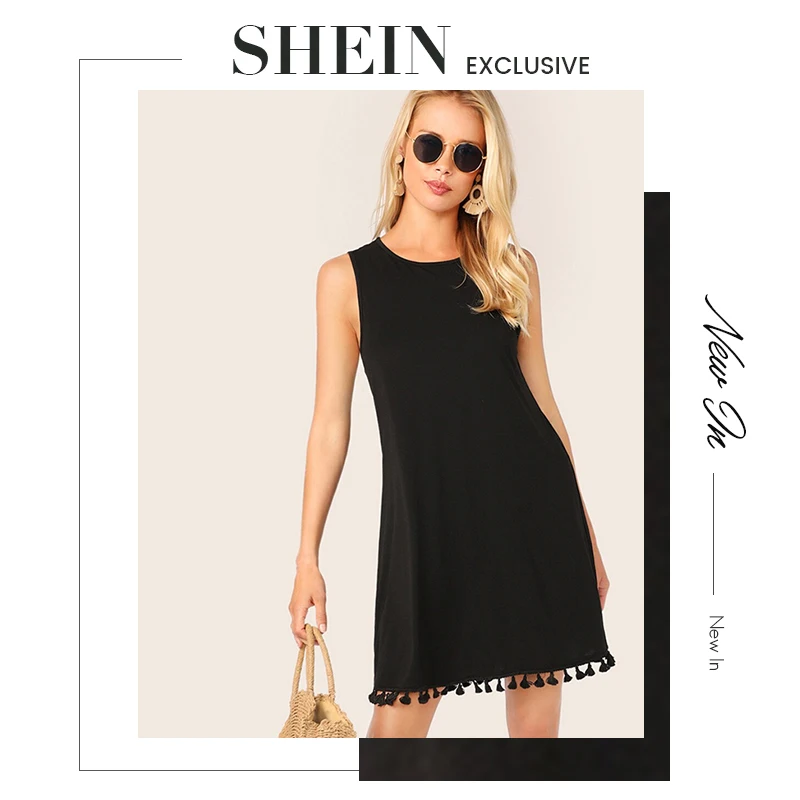 SHEIN Платье-туника без рукавов с кисточками, Boho, черное, однотонное, с бахромой, лето, круглый вырез, без рукавов, прямые платья