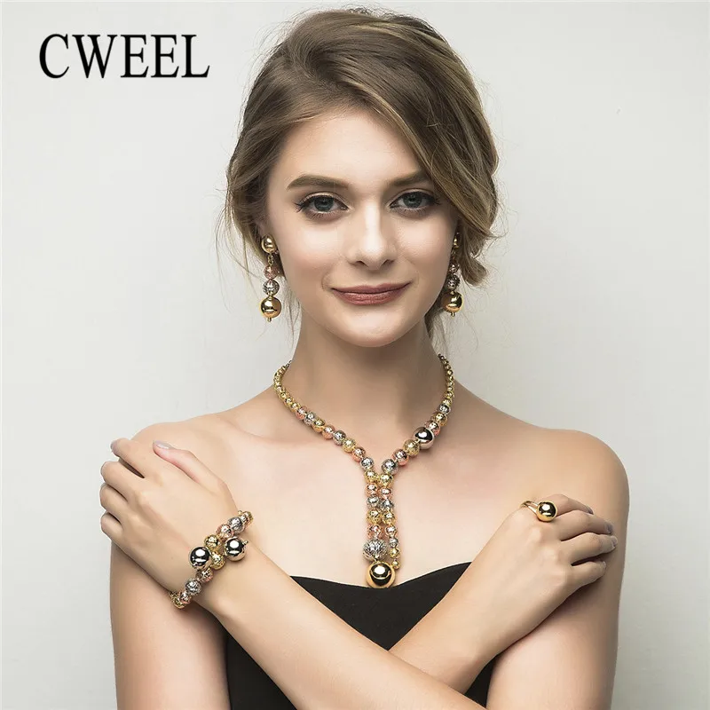 

CWEEL African Beads Jewelry Sets Turkish Necklace Rose Gold Color Jewellery Sets For Women Ethiopian Wedding Party Jewelry Set
