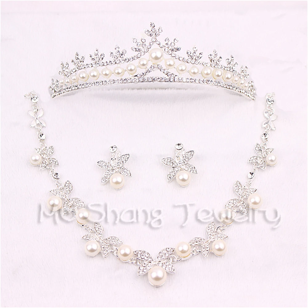 

Korea Style Bridal Wedding Jewelry Sets Crystal Rhinestone Imitate Pearl Butterfly Flowers Tiaras Crown Necklace Earrings Set