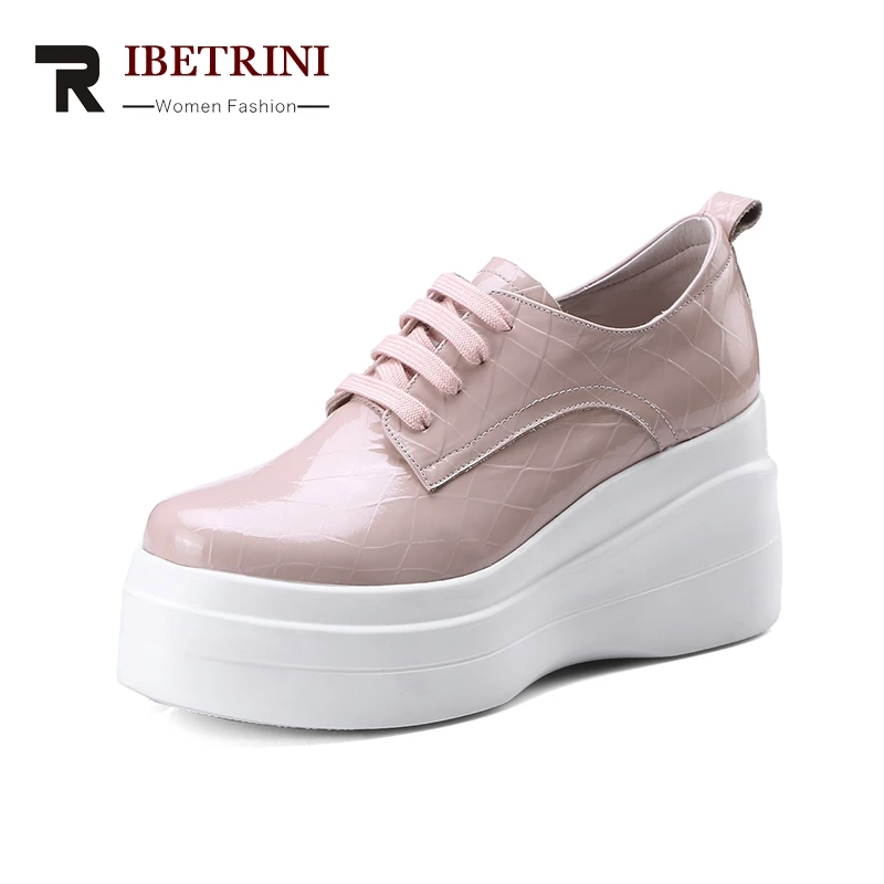 

RIBETRINI Hot Selling Cow Patent Genuine Leather Lace Up Flats Wedges Platform Women Solid Soft Leisure School Shoes Woman