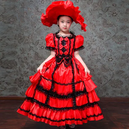 

Free ship children's girls medieval beading princess gown with hat stage costume lace flower renaissance gown dress Halloween
