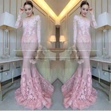 Kostenloser versand Sexy Stil Erröten Rosa Meerjungfrau Abendkleider mit Langarm Winter Abendgesellschaft Kleid Frauen Plus Größe Kleid
