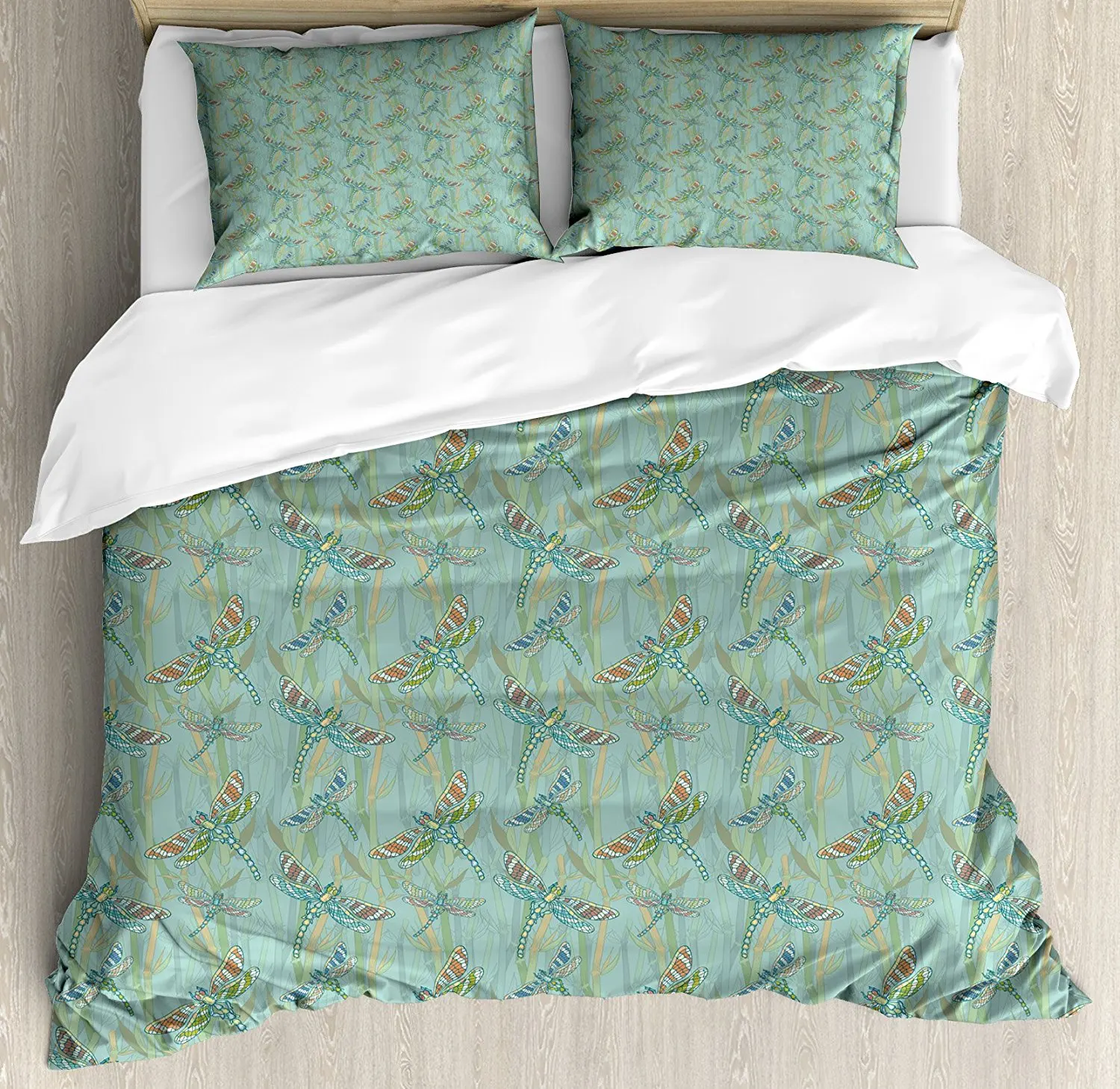 

Duvet Cover Set, Vintage Art Picture of Abstract Figures Flying among Bamboo Trees on the Lake, 4 Piece Bedding Set