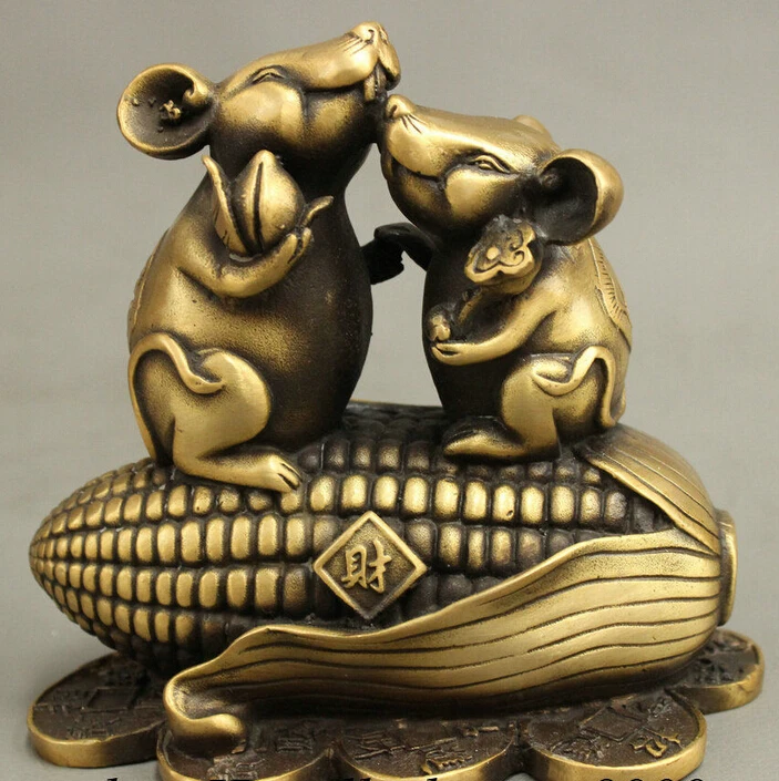 

590++Marked Chinese Folk Bronze RuYi Peach Wealth 2 Mouse Standing On The Corn Statuewan-Yin Set