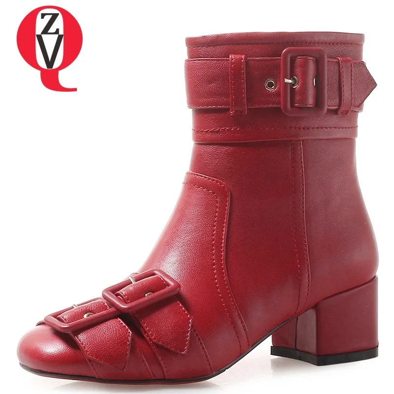 

ZVQ women shoes 2018 new fashion sexy square toe med square heel zipper genuine leather buckle black and red winter ankle boots