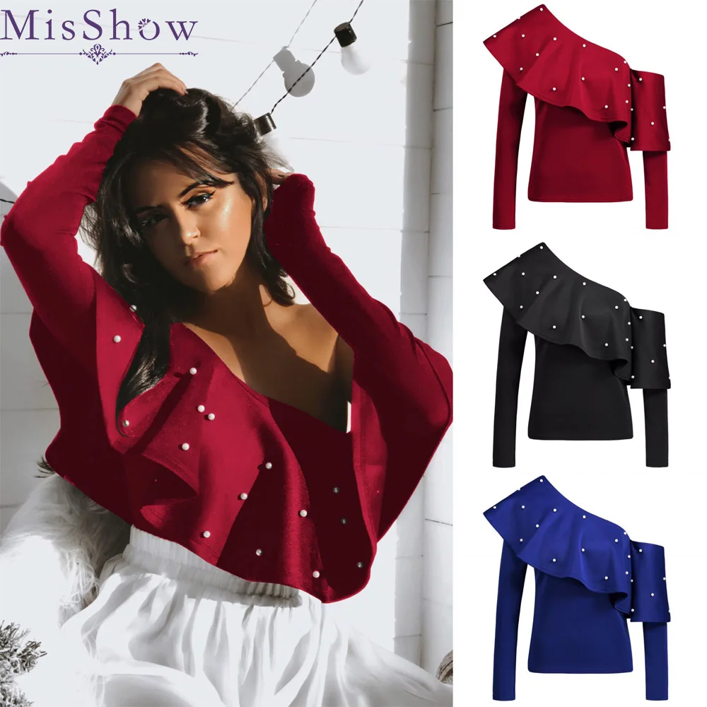 

2019 New Fashion One Shoulder Slope Neckline T Shirt Sexy Solid Long Sleeve Women's Ruffles T shirt Red Top T-shirt With Pearls