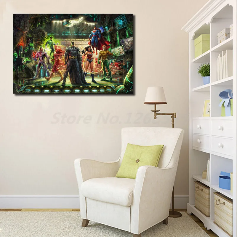 

Thomas Kinkade DC Hero Figure Justice League Batman Wonder Woman Superman Flash Poster Canvas Painting Wall Art Picture Decor