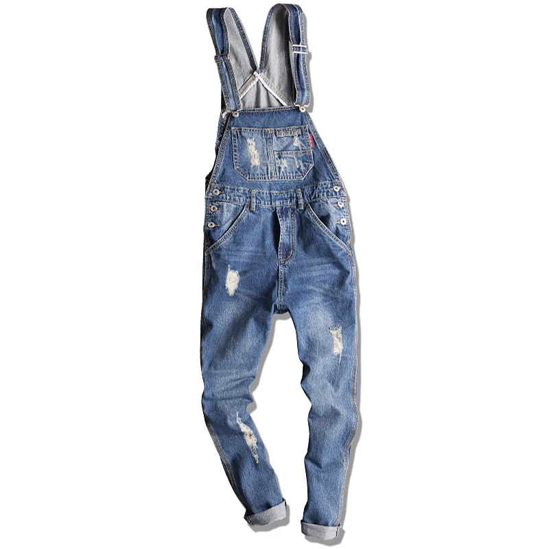2018 Bib Overalls Men Ripped Jeans Male Length Denim Jumpsuit Bluein